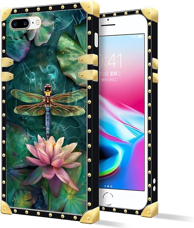 Compatible with iPhone 8 Plus 7 Plus Case, Colourful Dragonfly Pink Lily Pads Luxury Golden Decoration for Girl Women Soft TPU Shockproof Protective Hard PC Back