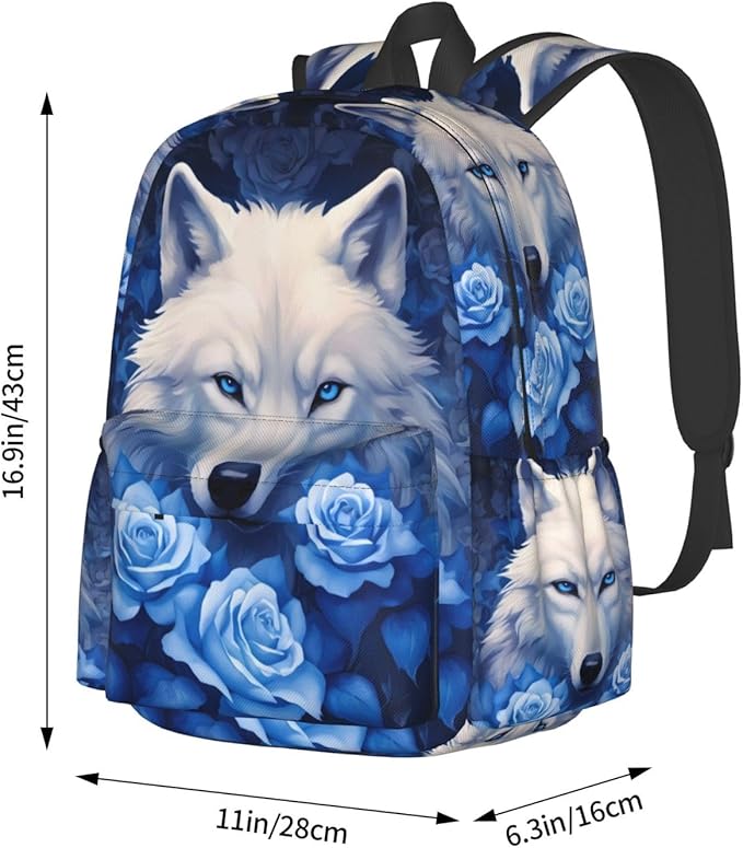 cfpolar 17 Inch Backpack Blue Rose Wolf Laptop Bag Shoulder Bag School Bookbag Casual Daypack For Boys Girls