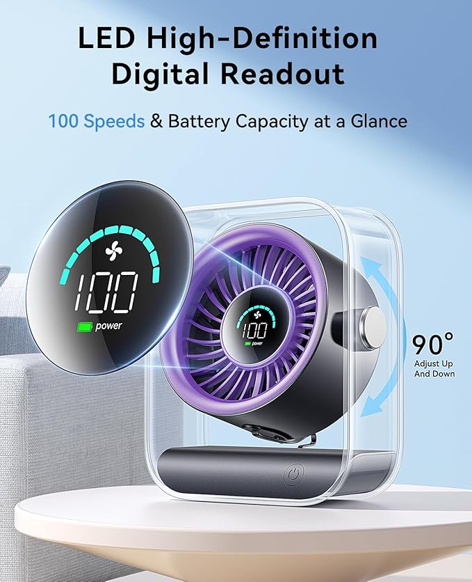 DIGIX Portable Desk Fan for Bedroom, Rechargeable Small Table Fan with 100 Speeds, 90° Rotation, Turbo Airflow, LED Display, Quiet Personal USB Cooling Fan for Office Home Travel Camping, Purple