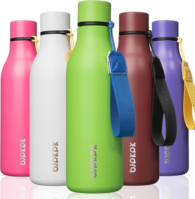 BJPKPK Insulated Water Bottles, 18 oz Stainless Steel Metal Water Bottle with Strap, BPA Free Leak Proof Jugs, Mugs, Flasks, Reusable Thermal Flasks for Sports & Travel, Green
