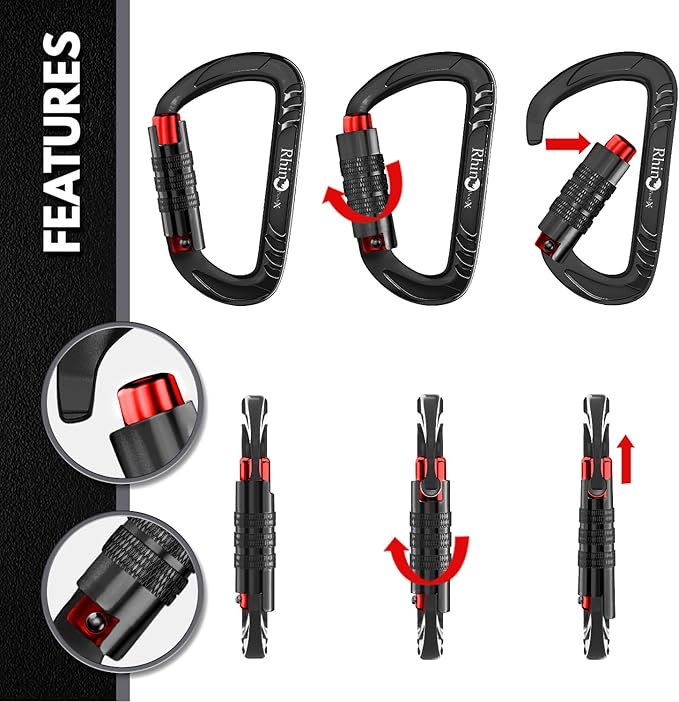 Rhino Produxs 12kN (2697 lbs) Heavy Duty Carabiner Clips, for Securing Pets, Outdoor, Camping, Hiking, Hammock, Dog Leash Harness, Keychains