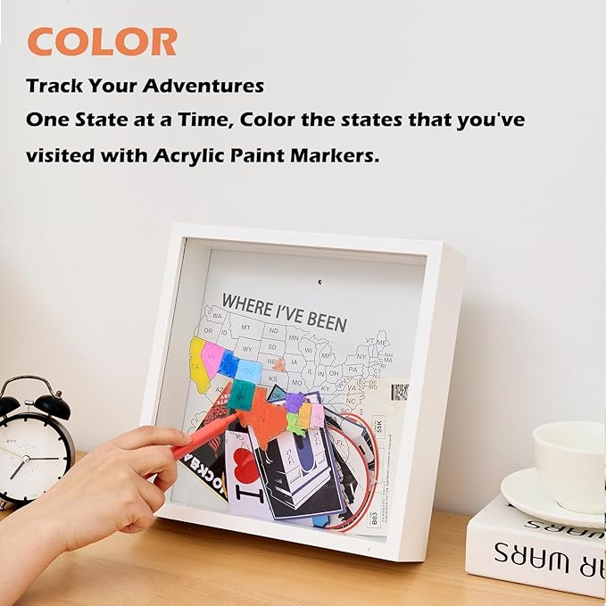Where I've Been US Map Wooden Shadow Box Frame Wall Decoration, Travel Adventure Archive Box Tickets , 50 States Travel USA Map Tracker (White 10.6” x 10.6”)