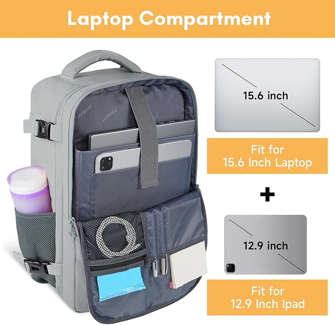 Taygeer Carry On Backpack, Womens Travel Backpack with Water Bottle Pocket & Shoe Pouch, Laptop Mochila 15.6inch Flight Approved, College Teacher Tote Bag for Business Travel Supplies, Grey