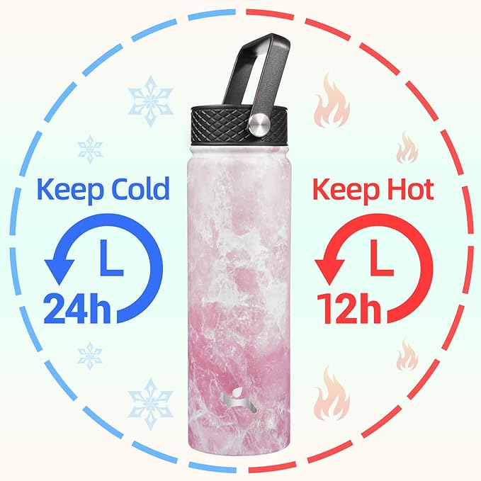 Konokyo 22oz Stainless Steel Bottles with 3 Lids Sport Insulated Water Bottle,Marble Blossom