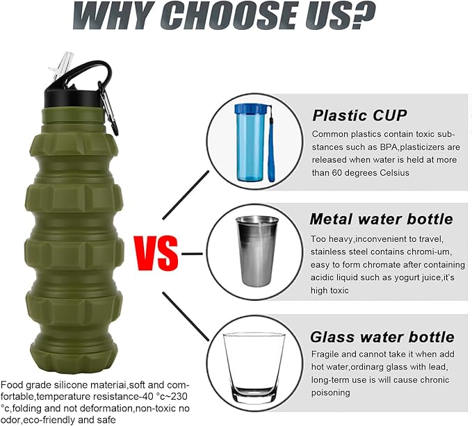 Collapsible Travel Water Bottle 19.6 oz, Reuseable Silicone Foldable Water Bottles for Gym Camping Hiking, Portable Leak Proof Sports Water Bottle with Carabiner (Noble Army Green)