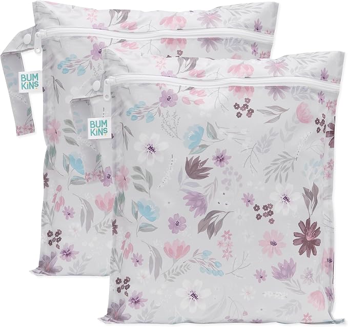 Bumkins - Waterproof Wet Bag - For Baby, Travel, Swim Suit, Cloth Diapers, Pump Parts, Pool, Gym, Toiletry, Strap to Stroller - Reusable & Easy to Clean - 2pk - Floral Gray