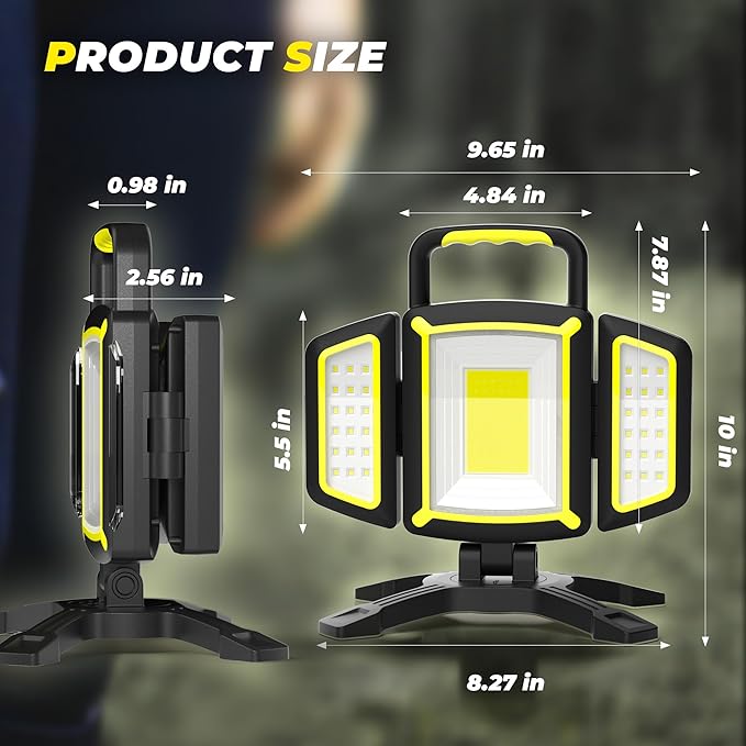 YZONI Rechargeable Work Light, 30W 3000Lumen LED Work Light with 5 Modes, Battery Powered Magnetic Lights with 360°Rotate Foldable Design, Job Site Lighting for Car Repair, Garage, Workshop, Camping