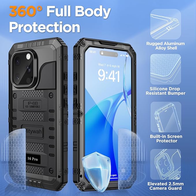 Mitywah Waterproof Case for iPhone 16 Pro, Shockproof Heavy Duty Case with Built-in Screen Protector, Underwater Full Body Protective Metal Case 6.3 inch, Black