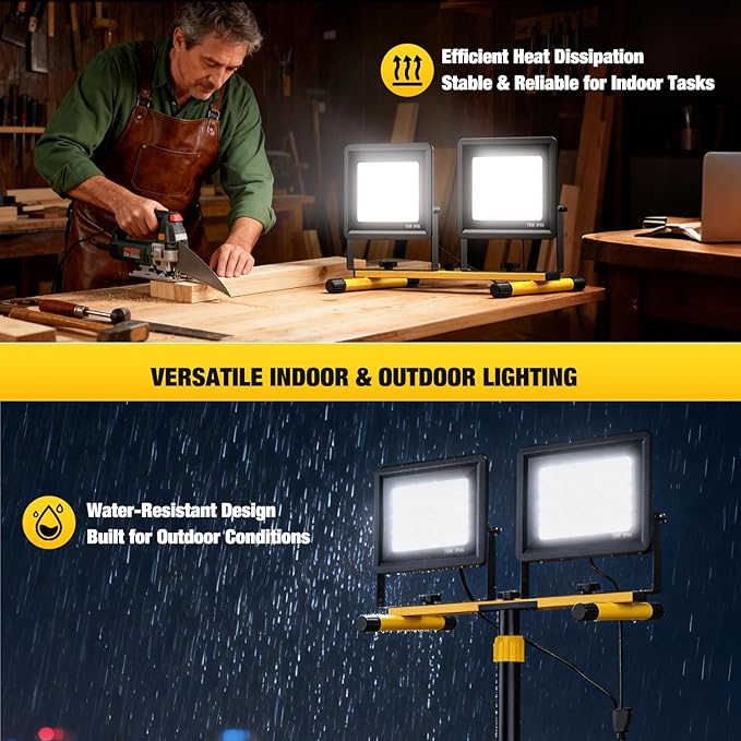 Upgraded LED Work Lights with Stand, 2-Head Adjustable Work Light, Waterproof Tripod Worklights with 16.5 FT Cord for Outdoor & Indoor Job Sites, Workshops, Construction, Garage Lighting