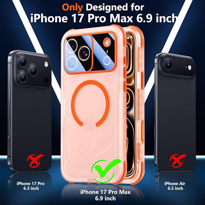 SPIDERCASE Magnetic for iPhone 17 Pro Max Case Waterproof,[Built-in Screen & Camera Protector] [IP68 Underwater] 12FT Military Shockproof, Dustproof, Anti-Scratched Phone Case,Orange/Clear