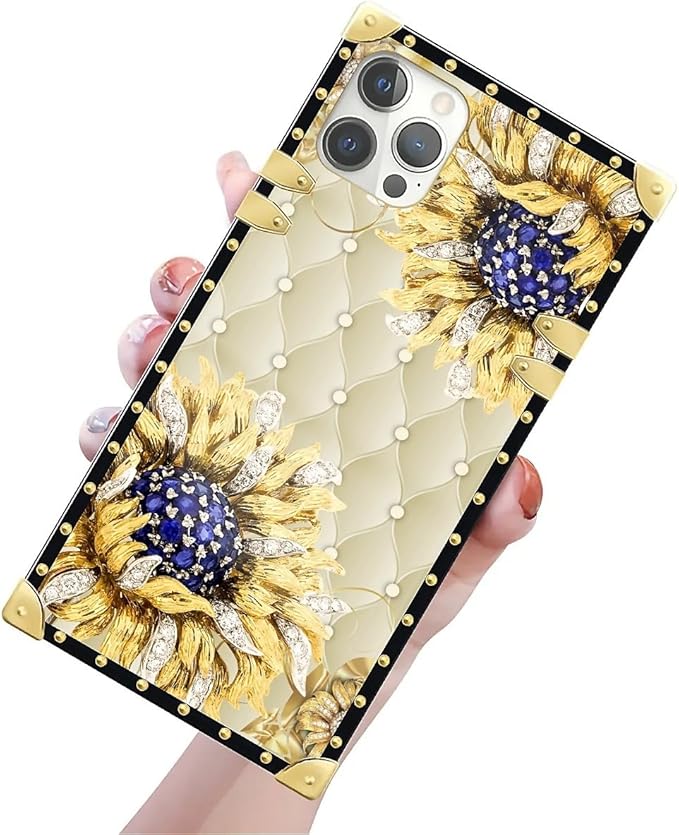 Compatible with iPhone 12 Pro Max Case, Sunflower Diamonds Leather Luxury Golden Decoration for Girl Women Soft TPU Shockproof Protective Hard PC Back for iPhone 12 Pro Max