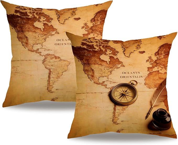 7COLORROOM Set of 2 Vintage World Map Pillow Covers Navigation Compass Square Decorative Throw Pillow Case Cotton Linen Cushion Cover 18”X 18” for Home Sofa Bedding Decoration (Brown map)