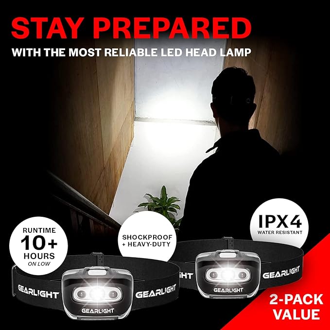 LED Headlamp 2-pack Battery Powered (AAA) (Batteries Not Included) | Head Lamp for Running Hunting Camping Fishing Hiking with Red Light and Adjustable Headband - Bright Forehead Headlamp 7 Modes