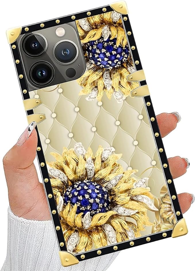 Compatible with iPhone 13 Pro Case, Sunflower Diamonds Leather Luxury Golden Decoration for Girl Women Soft TPU Shockproof Protective Hard PC Back for iPhone 13 Pro