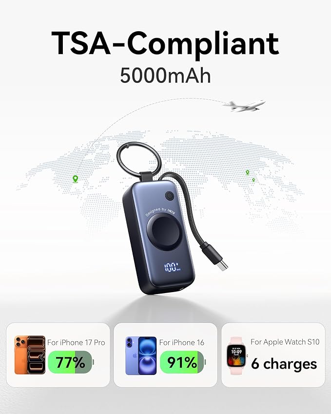 INIU SnapGo Mini Portable Charger, Power Bank for Apple Watch and iPhone, 5000mAh 20W PD Fast Charging Flight-Safe Travel Essential Battery Pack for Apple Watch Ultra 11 10 9 8 SE, iPhone Air 17 16 15