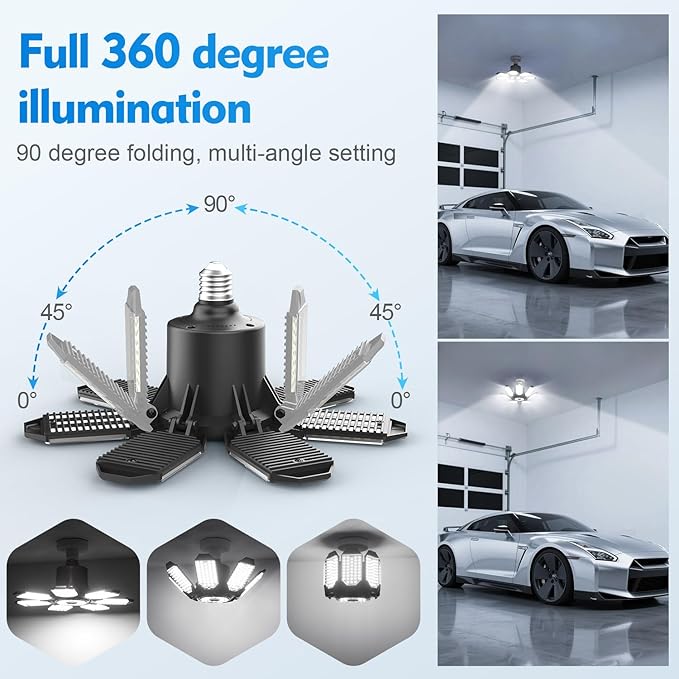 TANBABY 2 Pack LED Garage Lights, 250W Deformable Garage Light Bulb, Total 30000LM 6500K Daylight, 7+1 Adjustable Panels, E26/E27 Screw-in Ceiling Light for Basement