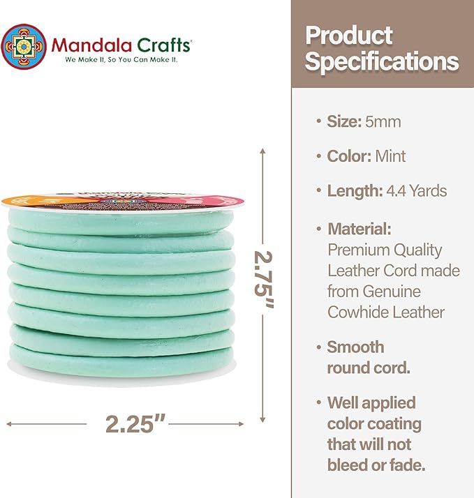 Mandala Crafts Round Genuine Mint Leather Cord for Jewelry Making – 5mm Cowhide Leather Rope String Lace for Kumihimo – 4.4 Yards Cowhide Craft Cording Spool