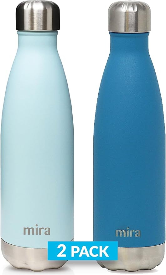 MIRA 2 Pack 17 oz Insulated Water Bottle - Stainless Steel Cola Shape Thermo - Double Wall Hot & Cold Flask (24Hr Cold/12Hr Hot) - Pearl Blue & Hawaiian Blue