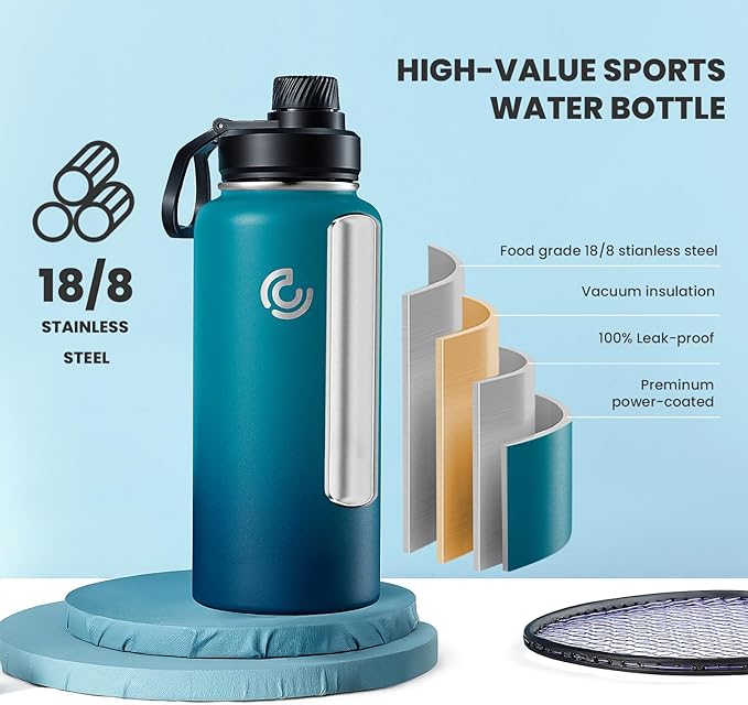 Sports Water Bottle 32oz, Insulated Water Bottle with Handle,Stainless Steel,Simple Modern,Suitable for Travel, School, Boy, Girl(Dark Night)