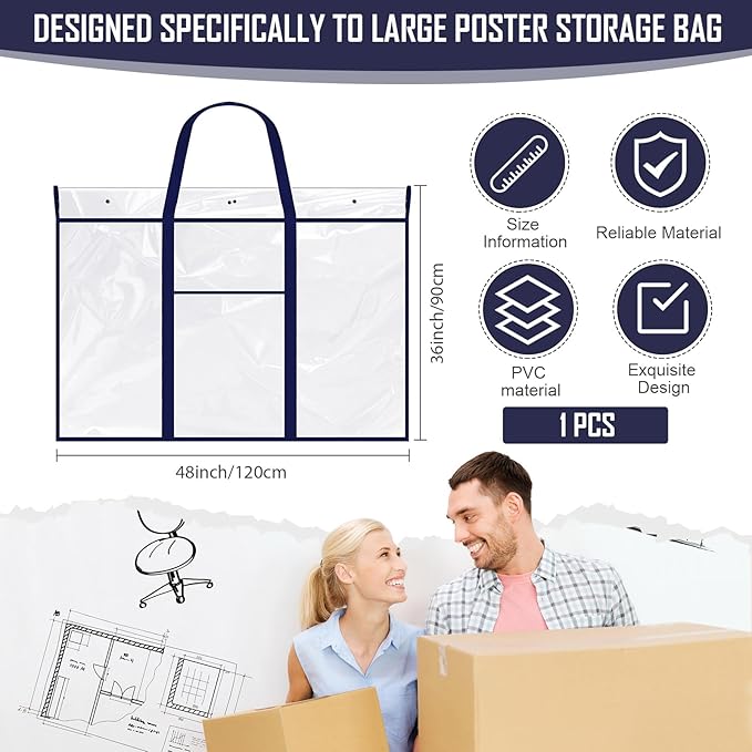 Windyun 1 Pack Large Poster Storage Bag 48" x 36" Bulletin Board Holder Art Portfolio Case PVC Art Portfolio Container Storage Box with Pocket for Classroom Teacher Organization (Blue)