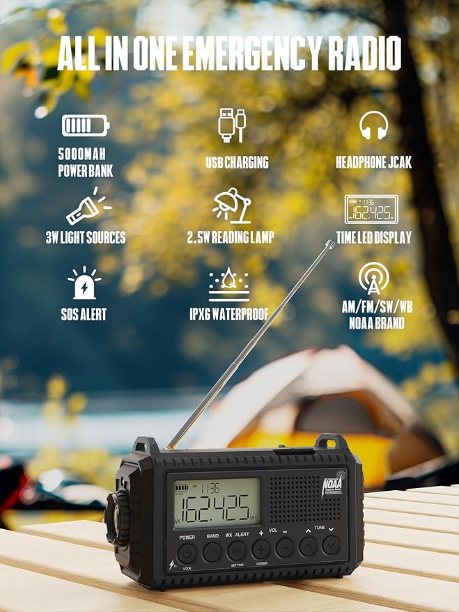 5000 Hand Crank Emergency Radio, NOAA Weather Radio with Backlit LCD Screen, 5 Way Powered, AM/FM/Shortwave &Solar Radio,Rechargeable Battery, Flashlight & Reading Light,SOS Alarm,Cell Phone Charger