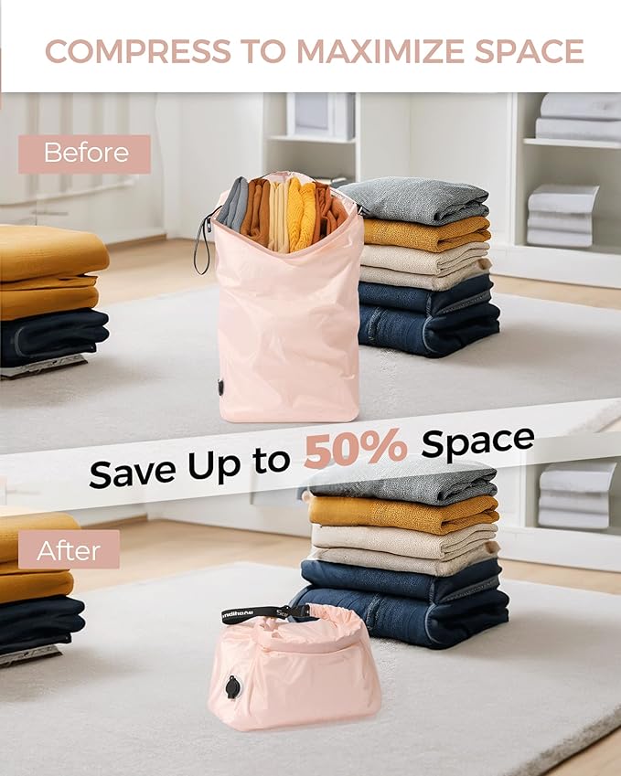 Travel Laundry Bag, Pump Free Vacuum Storage Bag Reusable Compression Dirty Clothes Travel Bag Waterproof Wet Dry Bags Large Capacity Space Saver Bags Camp Clothes Organizer (1 Pcs)(Pink, L)