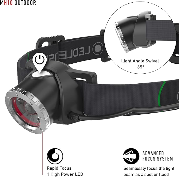 Ledlenser MH10 Rechargeable Headlamp - Black, 600 lm - 158 g Lightweight Design & Bright LED Headlight - 120-Hour Runtime & Work Headlamp - Hard Hat Light with Red Rear Light