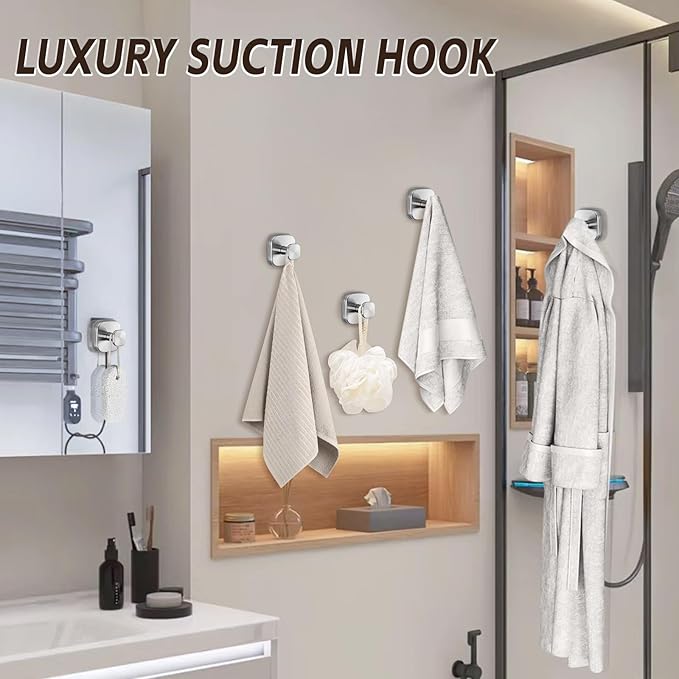 Suction Cup Hooks for Shower Heavy Duty No-Drill– Reusable Multi-Purpose Hooks Adheres to Glass, Mirrors, Tiles & Smooth Surfaces for Towels, Robes, Loofah& Body Sponge (4, Brushed Nickel)