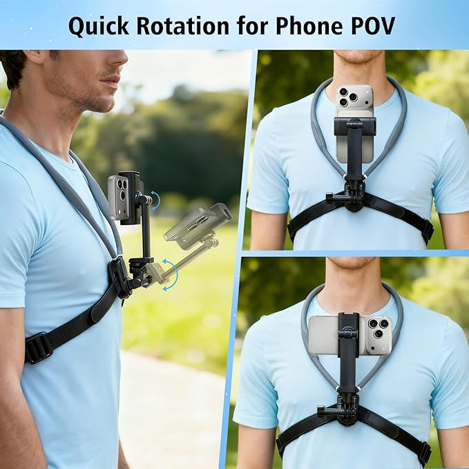 Camera Phone Chest Mount for GoPro, Adjustable Strap Chest POV Phone Holder Neck Mount for DJI Osmo Nano Action 5 Pro/4/3 Accessories, for Insta360 X5/X4/Ace Pro 2, for GoPro Hero 13/12/11 AKASO