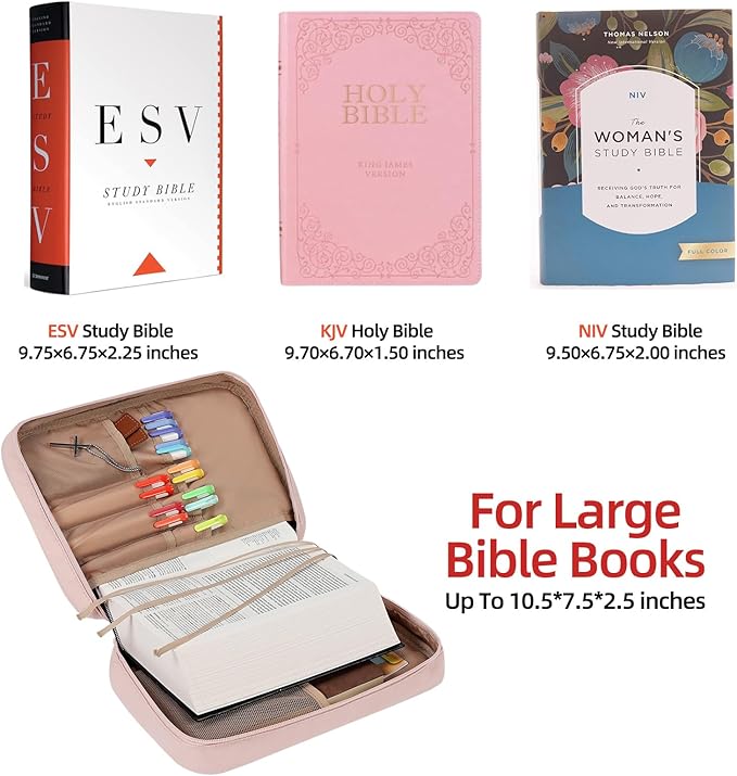 FINDCOZY Bible Cover Case for Women, Large Carrying Church Bag for Biblical Accessories with Handle, Pink
