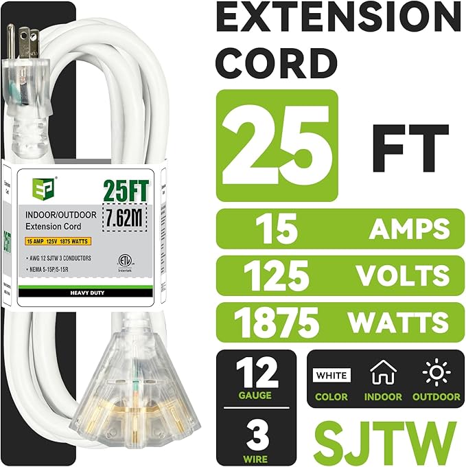EP 25FT 12 Gauge Heavy Duty Extension Cord, 15A 125V 1875W, 3 Outlet Indoor/Outdoor Power Cord with Lighted End, 12/3 SJTW Weatherproof White, ETL Listed