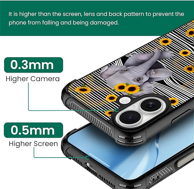 for iPhone 17 Case,for MagSafe Graphic Design for Girl Boy Soft Silicone Hard Acrylic Shock Protection Designed for iPhone 17 Cute Little Elephant Sunflower White Line Art Pattern