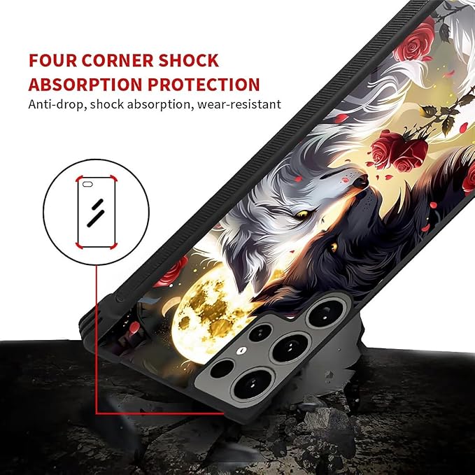 for Samsung Galaxy S24 Ultra Case, Black White Wolf Moon Flower Rose Pattern Graphic Design Girl Boy Soft Silicone Hard Acrylic Shock Protection for Samsung Galaxy S24 Ultra