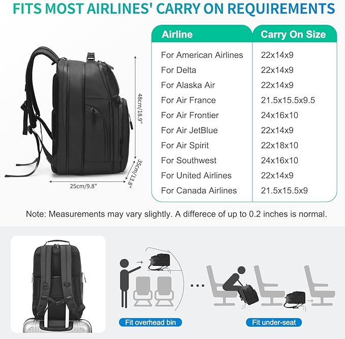Expandable Business Backpack with 17" Laptop Compartment - Waterproof, Airline Approved, 33L-42L Capacity, for Work & Travel, Black