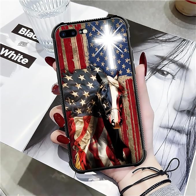 Case for iPhone 7 Plus/8 Plus, Red American Flag Horse Cross Pattern, Soft Silicone Hard Acrylic for Shock Protection