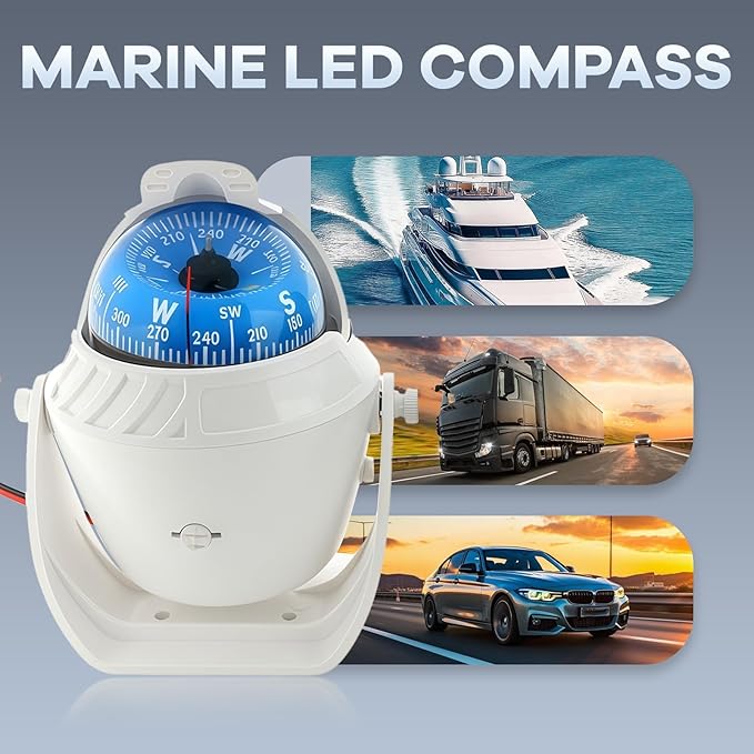 Boat Compass with Magnetic Declination Adjustment, Pivoting Marine Compass Multifunction Digital Navigation Dashboard LED Illumination & Backlight for Marine Boat Truck Car