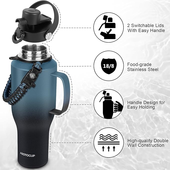 ABOTOCUP Water Bottle 40oz, Insulated Tumblers with Handle & Straw Lid, Insulated Water Bottle Fits in Cup Holder, Double Wall BPA-Free, Stainless Steel Travel Cup Leak-proof to Keep Cold 24H&Hot12H