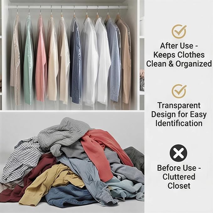 10 Pack Dry Cleaner Bags Plastic Clear, 23.6 x 71In Plastic Garment Bags Hanging Clothing Covers for Home Storage, Clothing Stores, Travel, Moving