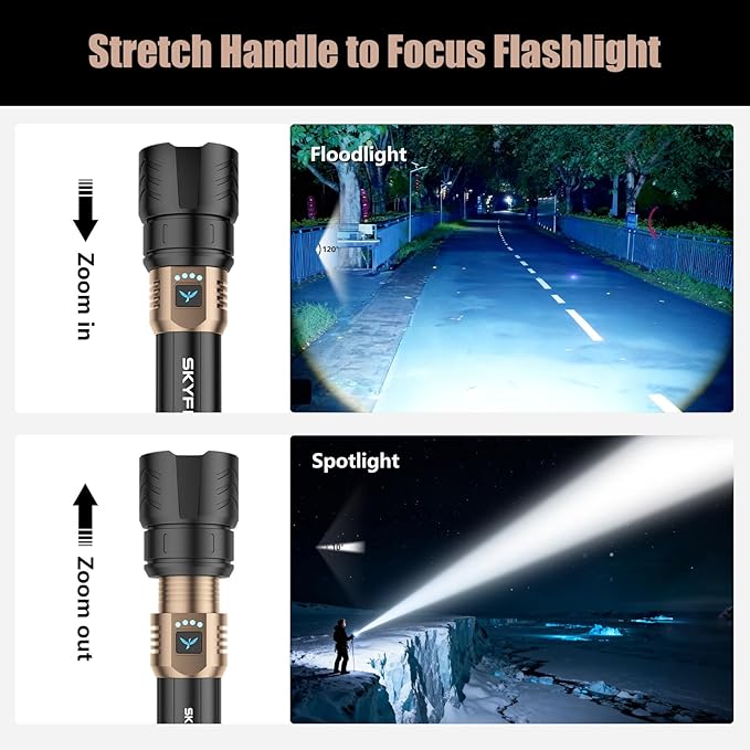 SKYFIRE Rechargeable Flashlights High Lumens with Ignition Lens &3 Colors Light,10000mAh LED Super Bright Flashlight, Zoomable,4Modes,Waterproof Tactical Flash Light for Outdoor,Home &Gift