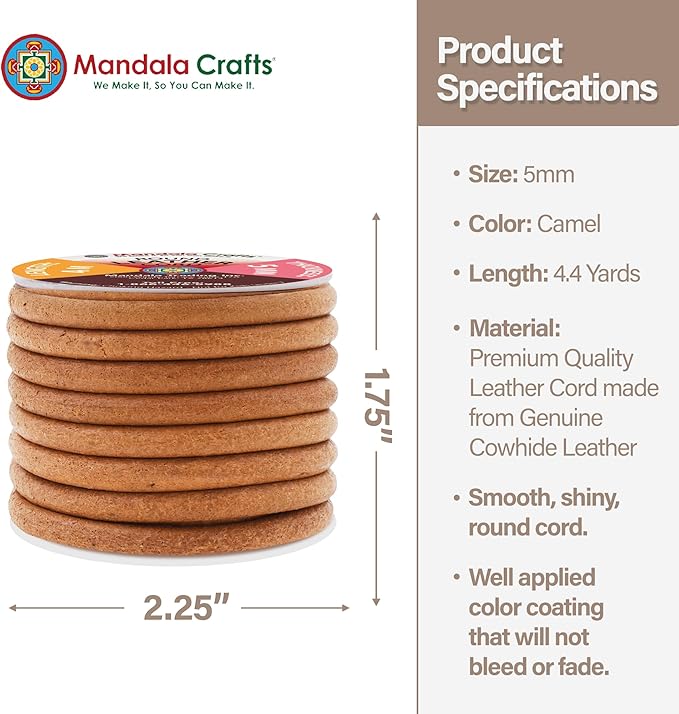 Mandala Crafts Round Genuine Camel Leather Cord for Jewelry Making – 5mm Cowhide Leather Rope String Lace for Kumihimo – 4.4 Yards Cowhide Craft Cording Spool