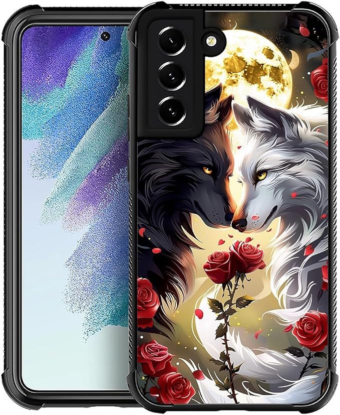 for Samsung Galaxy S21 Plus Case, Black White Wolf Moon Flower Rose Pattern Graphic Design Girl Boy Soft Silicone Hard Acrylic Shock Protection for Samsung Galaxy S21 Plus