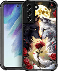 for Samsung Galaxy S21 Plus Case, Black White Wolf Moon Flower Rose Pattern Graphic Design Girl Boy Soft Silicone Hard Acrylic Shock Protection for Samsung Galaxy S21 Plus
