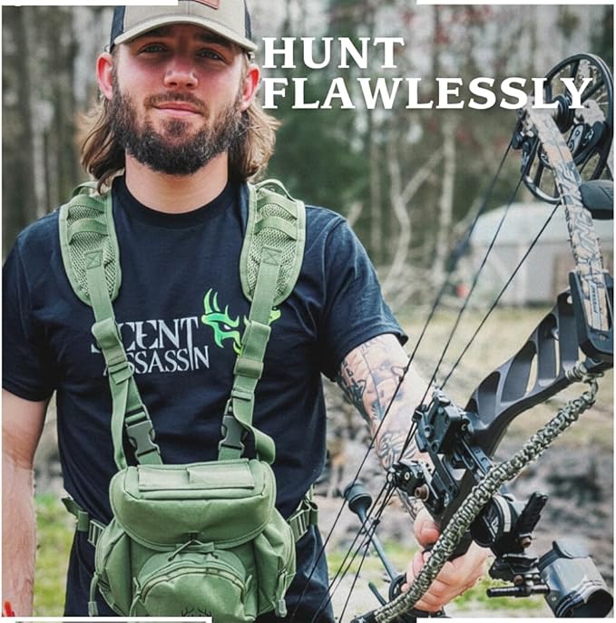 Binocular Harness Chest Pack - Lightweight Bino Harness with Rangefinder Pouch, Silent Hunting Chest Rig and Binocular Case w/ MOLLE system, Veteran Owned Gear, Green