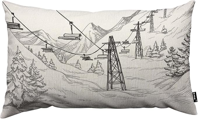 TKS MITLAN Mountain Ski Lift Pillow Cover 12x20 inch Sketch White Wintertime Snow Landscape Resort Rustic Linen Throw Pillow Covers 12x20 Inch for Sofa Couch Decoration