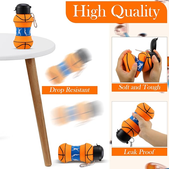 Layhit 8 Pcs Basketball Water Bottles 18oz Collapsible Basketball Water Cups for Kids Silicone Sport Party Favors for Players Lovers School Team Gifts Travel Sport Theme Party Accessories