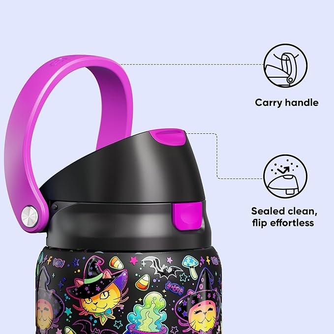 Encool SwiftSip Insulated Stainless Steel Water Bottle with Straw - Leak Proof Sports Water Bottle for School, Travel, Keeps Cold All Day, One-Touch Flip Lid, BPA-Free, 32 oz, Meowgic Night