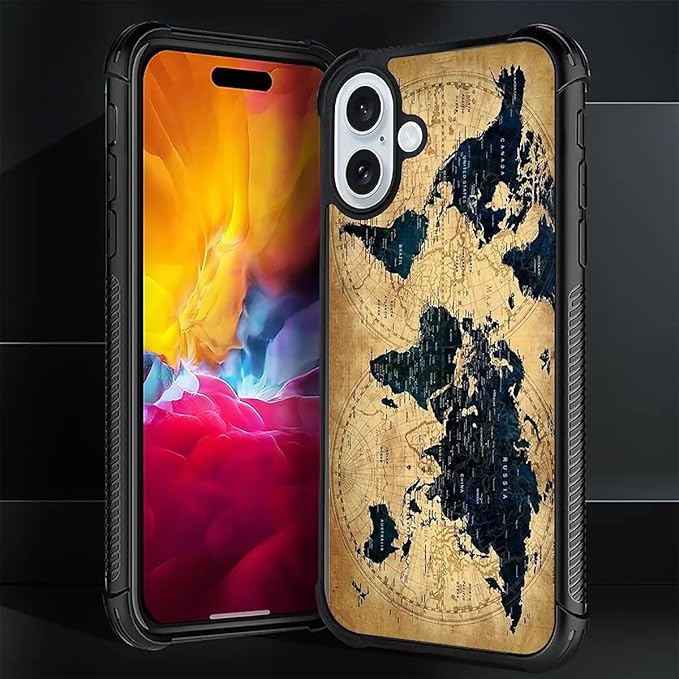 for iPhone 16 Case, Brown World Map Pattern Graphic Design Girl Boy Soft Silicone Hard Acrylic Shock Protection for iPhone 16