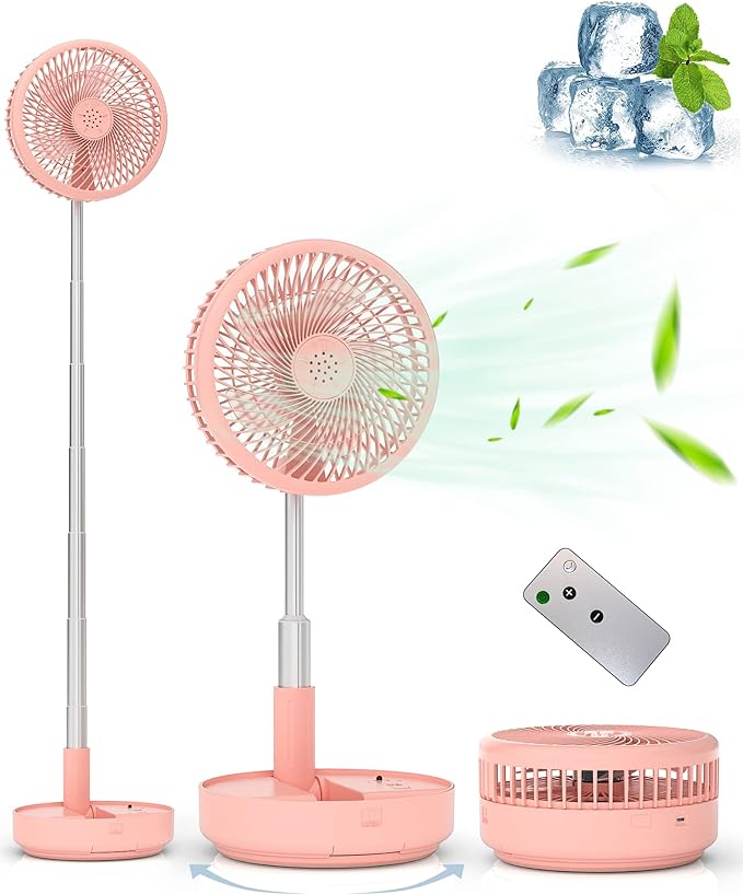 Primevolve Portable Oscillating Standing Fan,Rechargeable Battery Operated USB Floor Table Desk Fan with Remote, Bedroom Camping Travel Fans Pink 7.7"