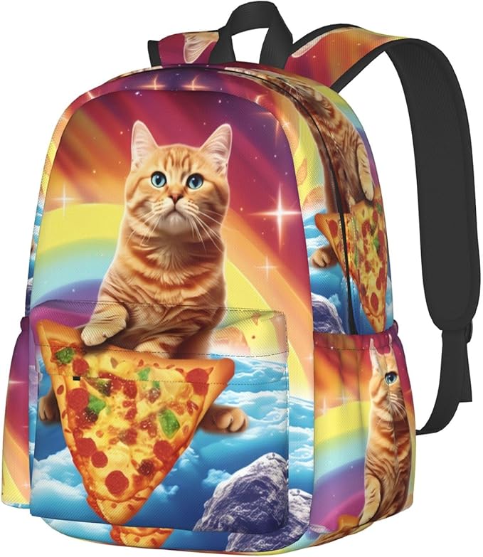 cfpolar 17 Inch Backpack Funny Pizza Cat Rainbow Laptop Bag Shoulder Bag School Bookbag Casual Daypack For Boys Girls