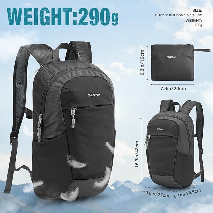 G4Free Small Hiking Backpack 20L Lightweight Foldable Packable Travel Daypack with Thickened Back Panel for Men Women (Black)